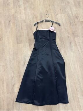 Betsy & Adam Black Satin Strapless Dress with Pink Trim & Flower